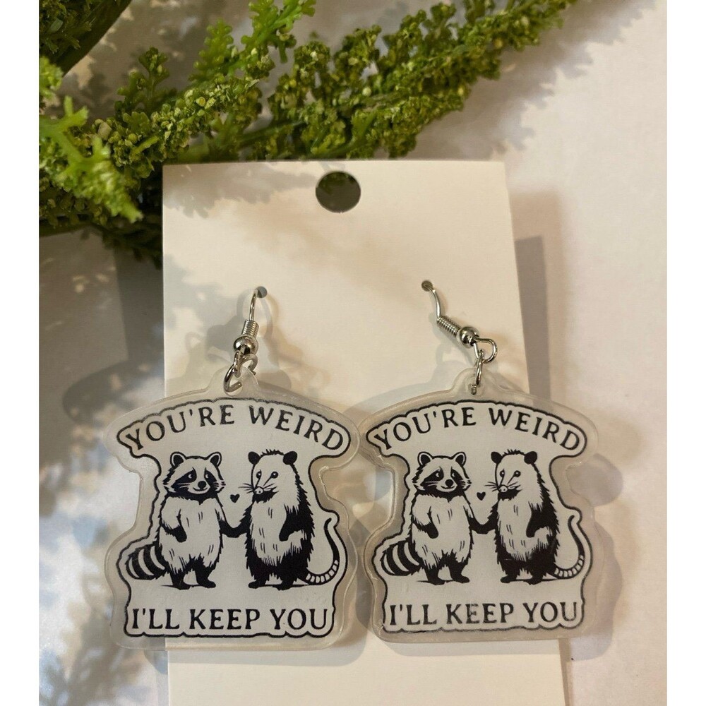 You're Weird I'll Keep You Black & White Raccoon Earrings